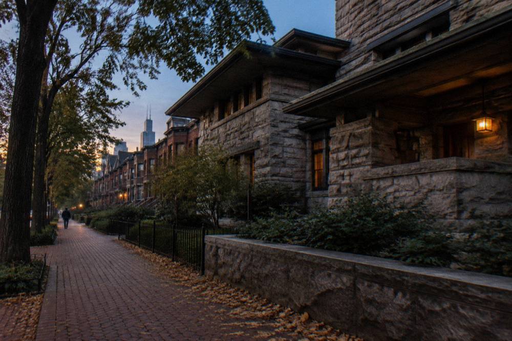 Historic South Side row houses on Prairie Avenue at twilight
