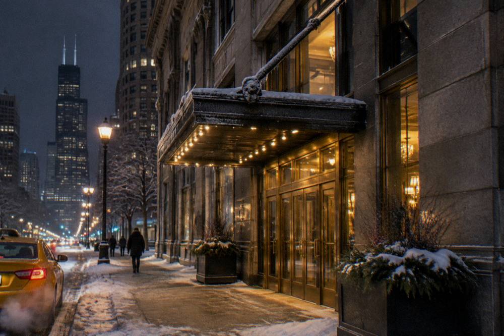 Lit windows of a vintage Chicago hotel entrance on South Michigan Avenue at night