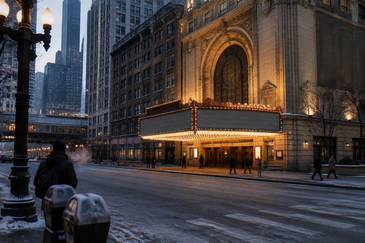 Chicago Theatre marquee lit up at dusk on State Street in the Loop