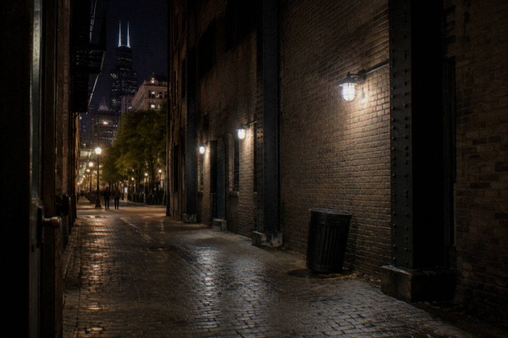A lamplit alley between old brick buildings in the Chicago Loop at night