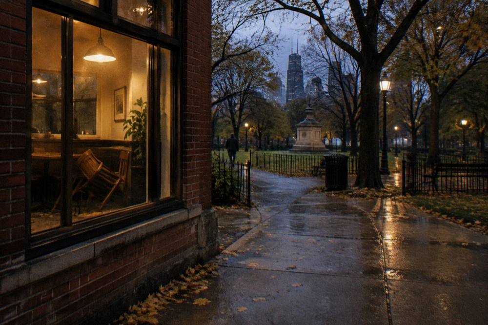 A vintage-style Chicago storefront glowing warmly on a dark evening street