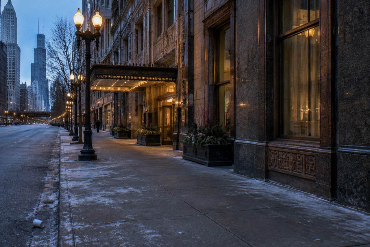 An empty Chicago sidewalk at dusk with vintage streetlamps glowing beside an old brick building