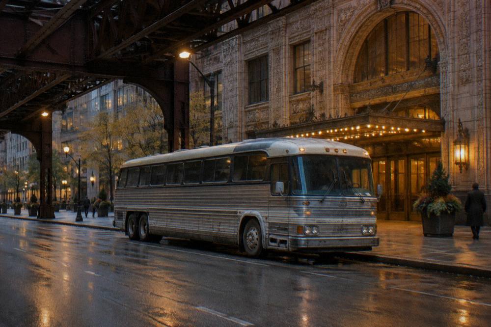 A vintage-style tour bus parked on a Chicago street at dusk with skyline lights behind it.
