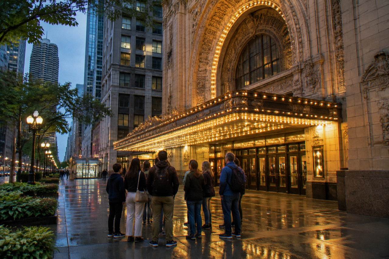 An evening street corner in the Chicago Loop with lit theater marquees and a small gathered tour group.