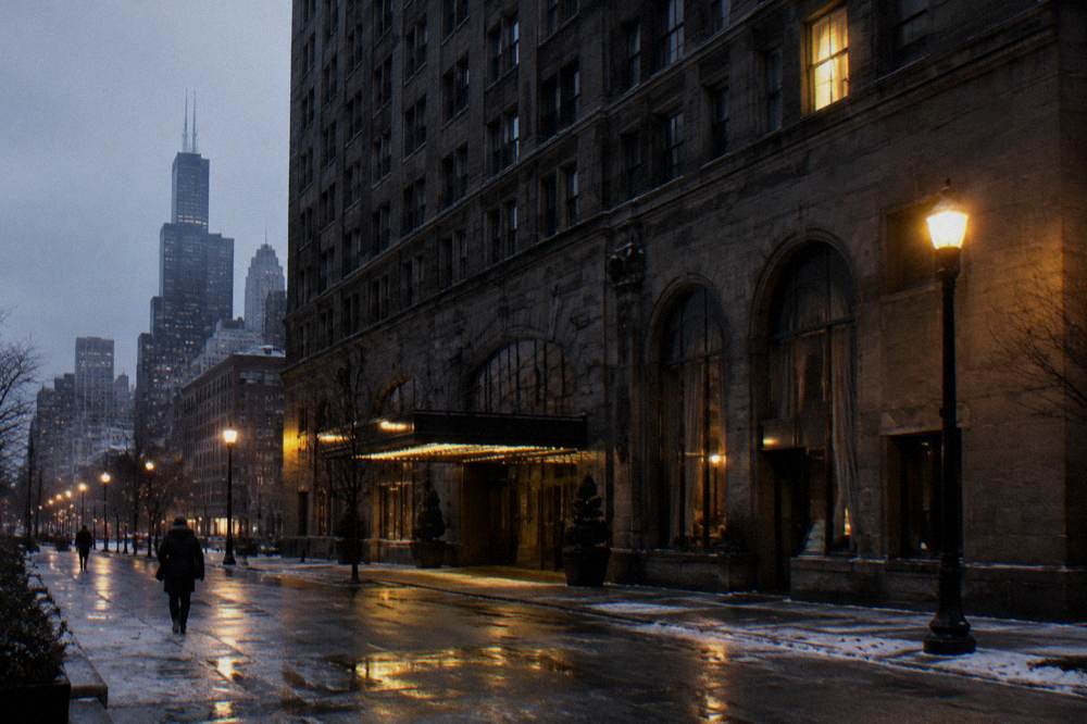 A grand old hotel facade lit by evening street lamps