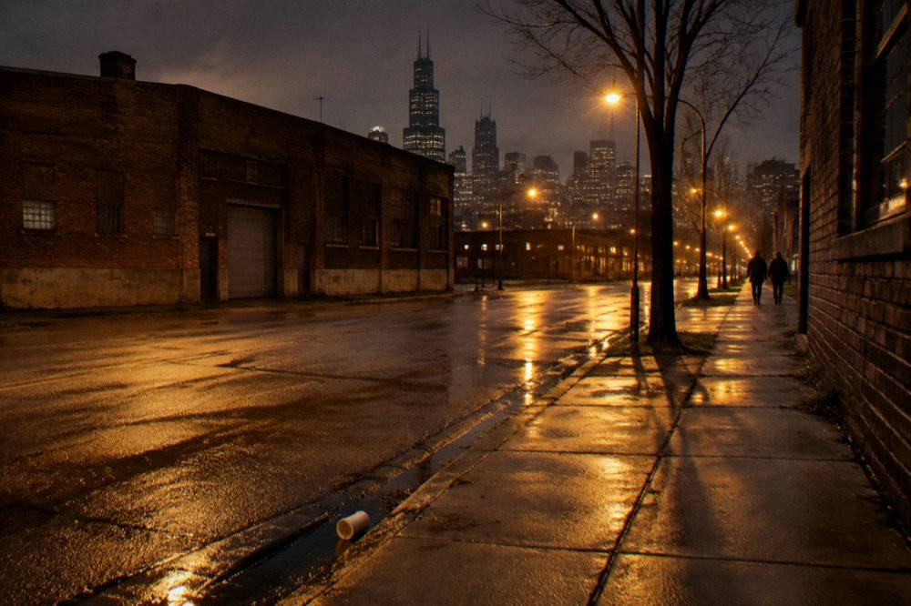 A city street at night with warm lamplight and long shadows