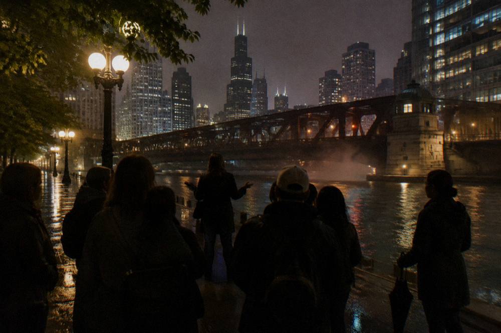 A guide addressing a small group on a downtown Chicago sidewalk at night under streetlights