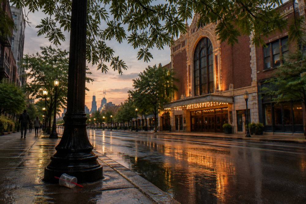 An evening view down a Chicago street with lit windows on old brick buildings and wet pavement