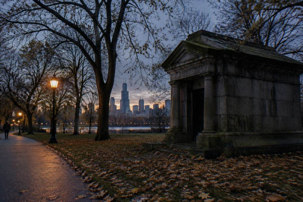 A tree-lined Chicago park path at twilight with streetlamps beginning to glow