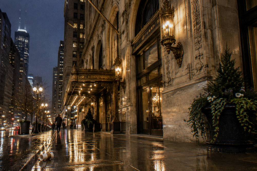 A historic Chicago hotel facade lit at night with ornate stonework