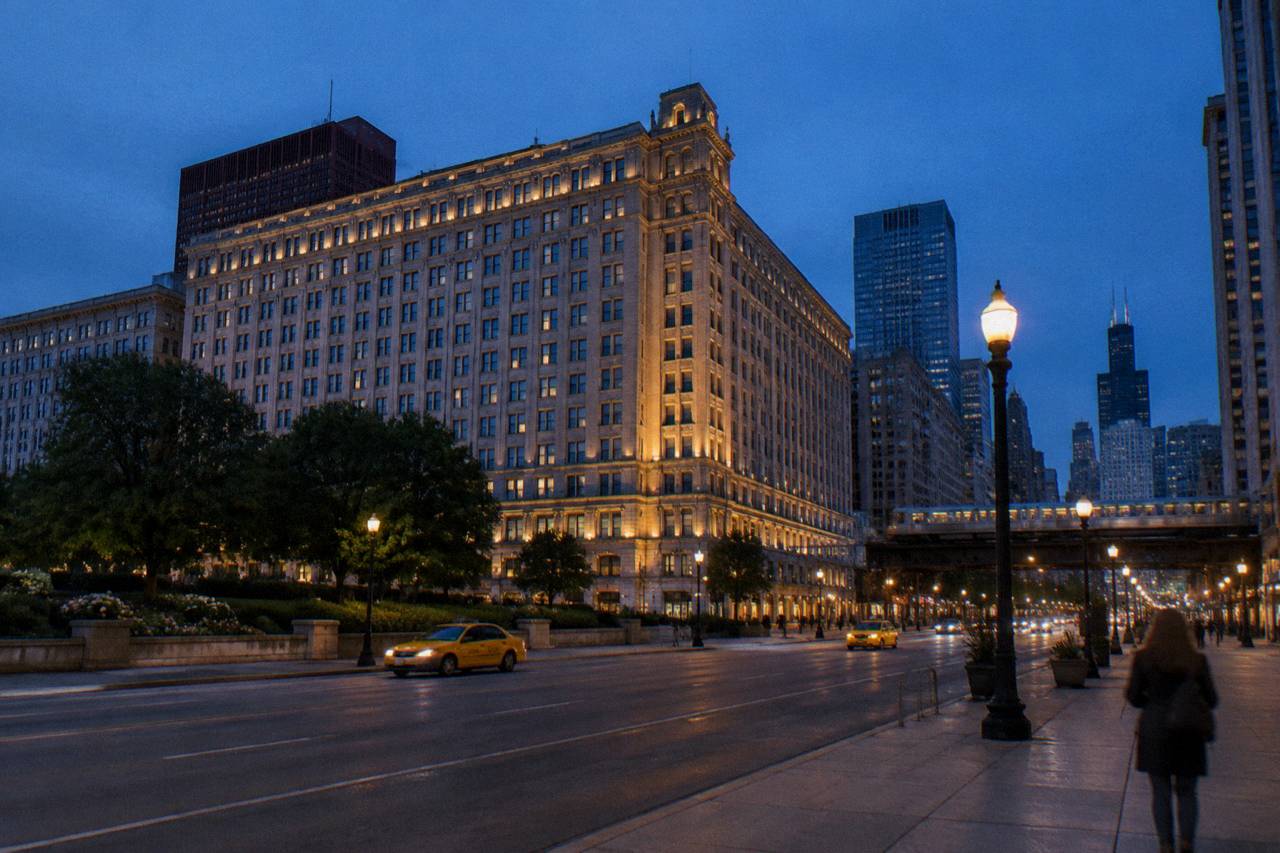 Congress Plaza Hotel stone facade lit against a deep blue dusk sky on Michigan Avenue