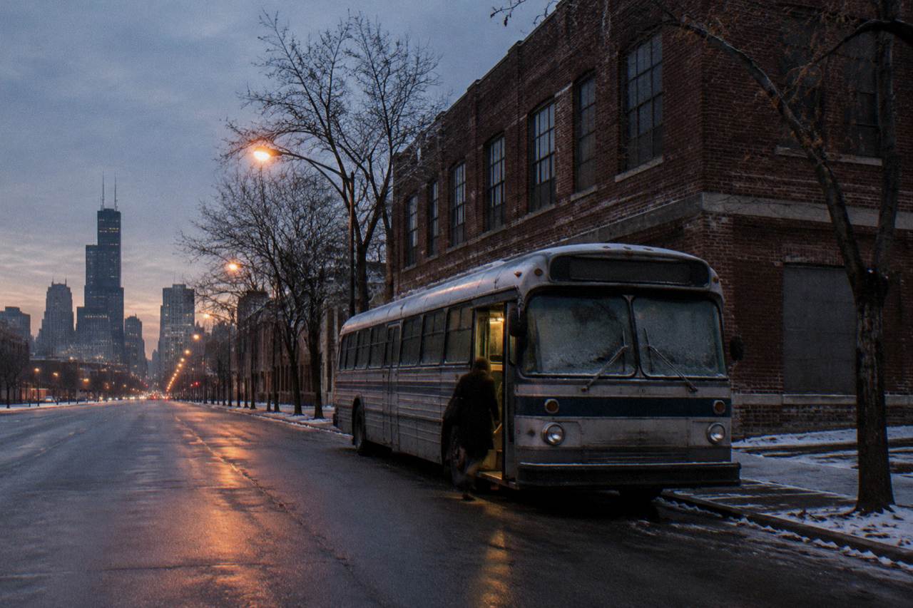 Period ghost bus parked on North Clark Street at dusk before a brick warehouse corner
